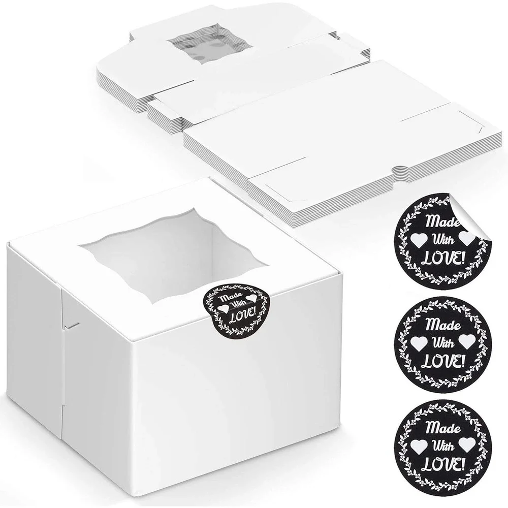 CreekCove 25 Pack White Bakery Boxes 3.5x3.5x4 with Window Stickers and Inserts‎